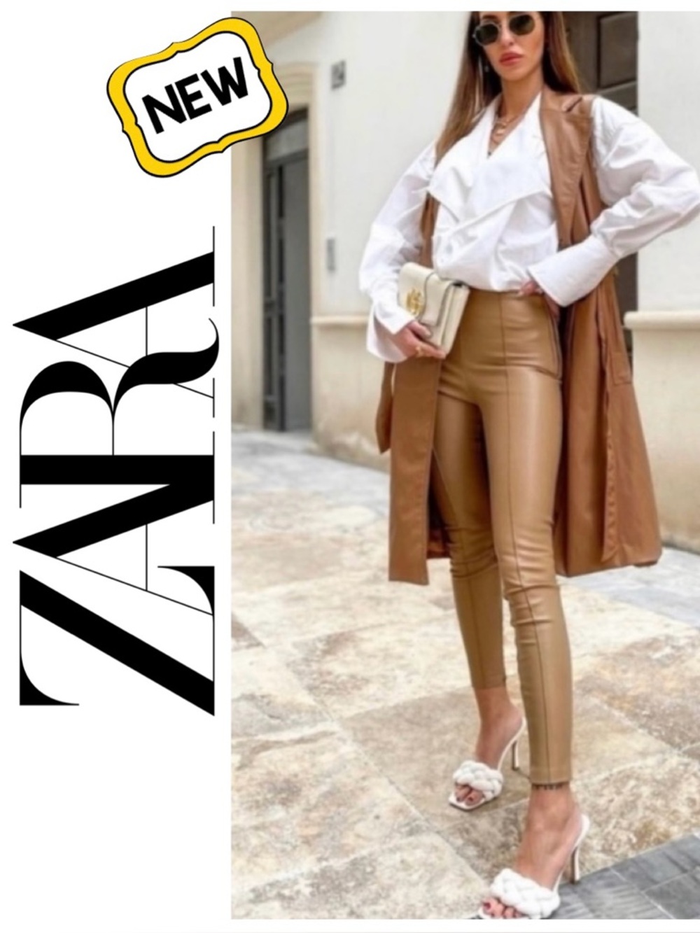 ZARA Tan Faux Leather Leggings Vegan Skinny Pants Hi-Rise Ankle Slit Women’s S - Picture 1 of 16